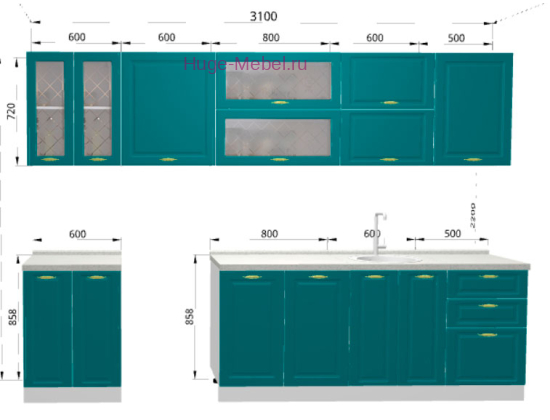 Кухня 3.1 метра "Модена" дуб бирюза